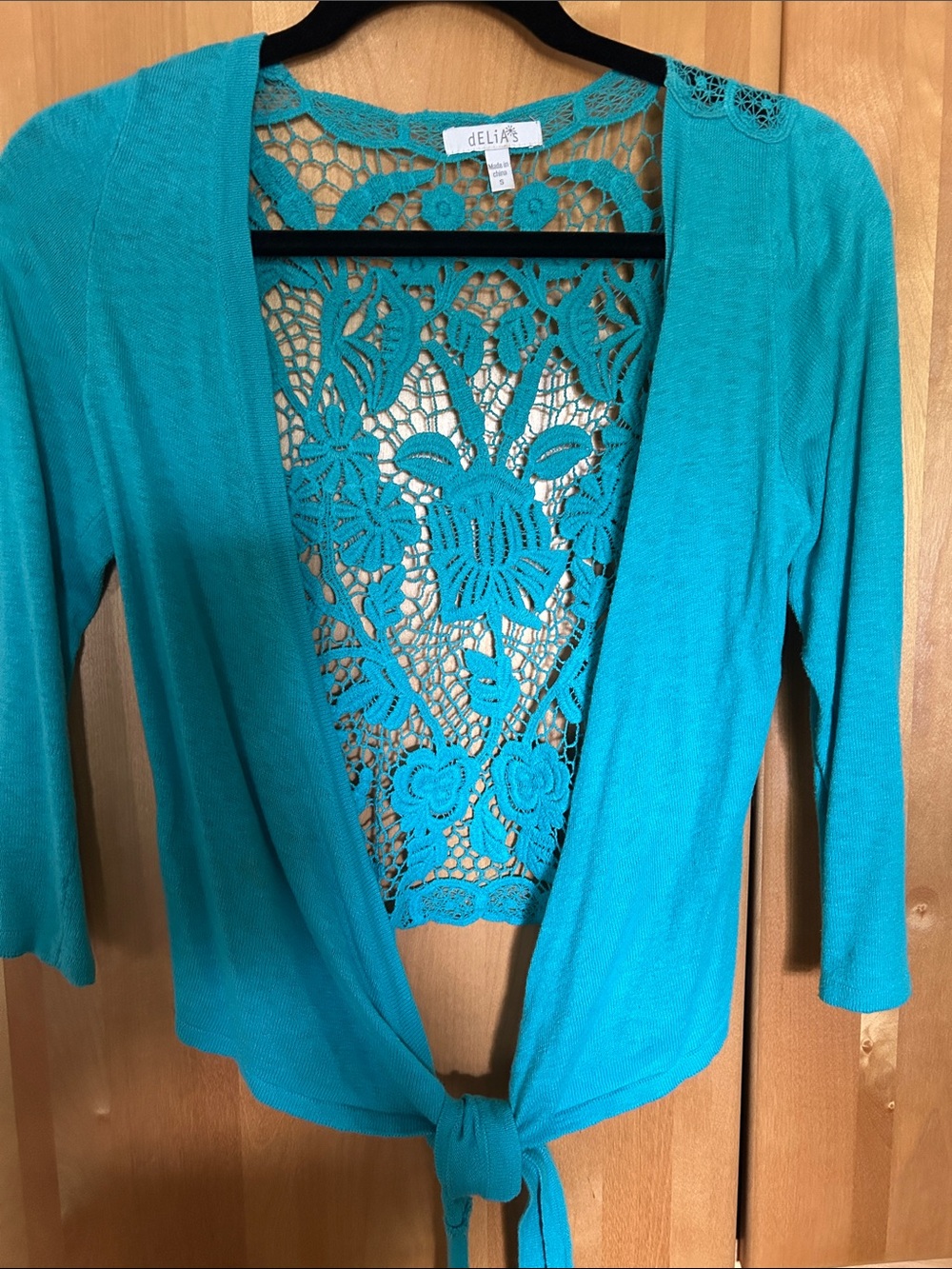 dELiA*s Teal Crochet Tie-Front Cardigan